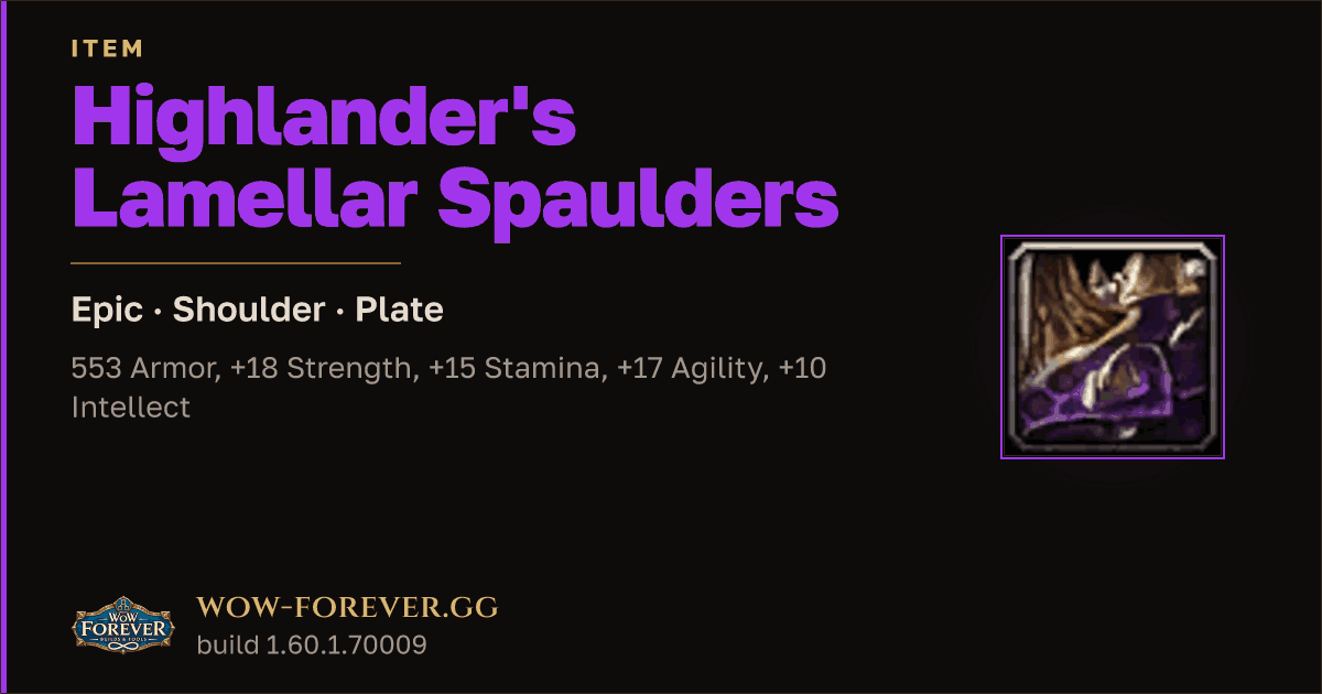 The preview card for Highlander's Lamellar Spaulders - WoW Forever Item