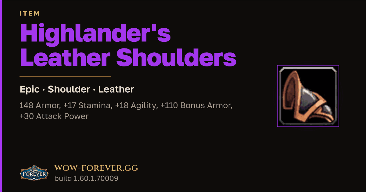 The preview card for Highlander's Leather Shoulders - WoW Forever Item
