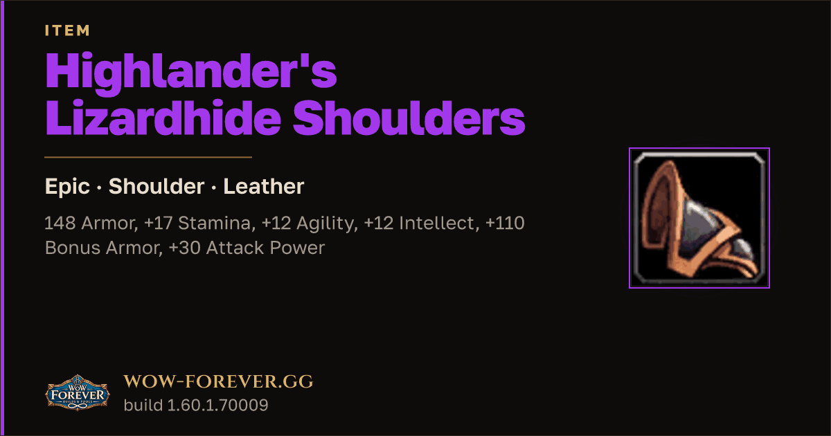 The preview card for Highlander's Lizardhide Shoulders - WoW Forever Item