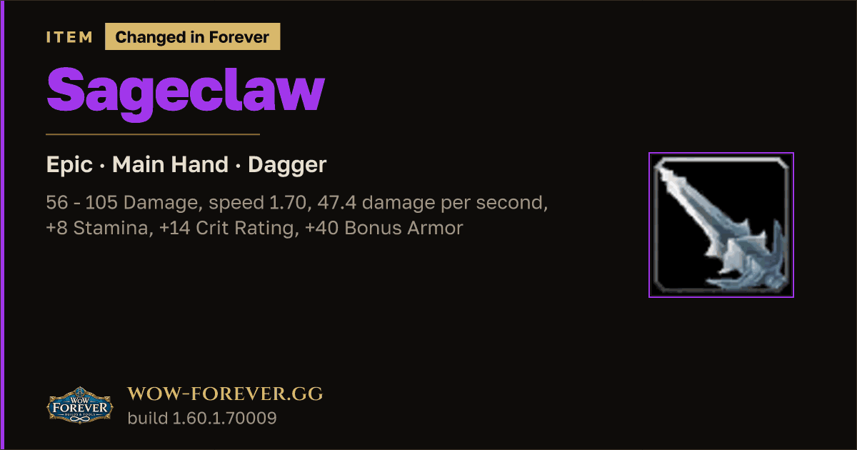 The preview card for Sageclaw - Epic Main-Hand Dagger, Item Level 65