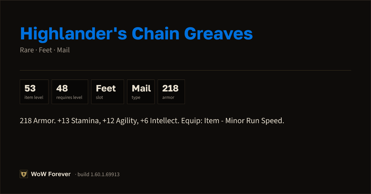 The preview card for Highlander's Chain Greaves (Item level 53)