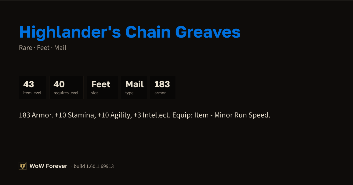 The preview card for Highlander's Chain Greaves (Item level 43)