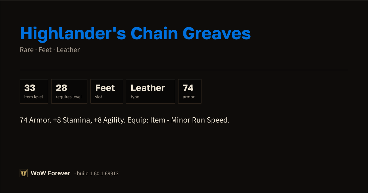 The preview card for Highlander's Chain Greaves - Rare Leather Feet