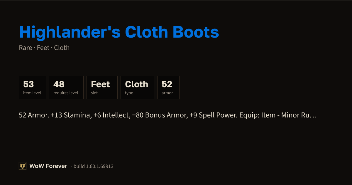 The preview card for Highlander's Cloth Boots (Item level 53)