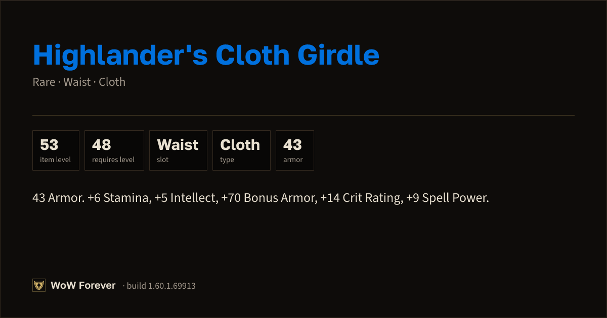 The preview card for Highlander's Cloth Girdle (Item level 53)