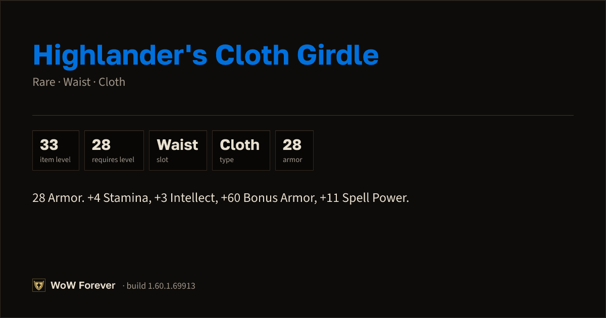 The preview card for Highlander's Cloth Girdle (Item level 33)