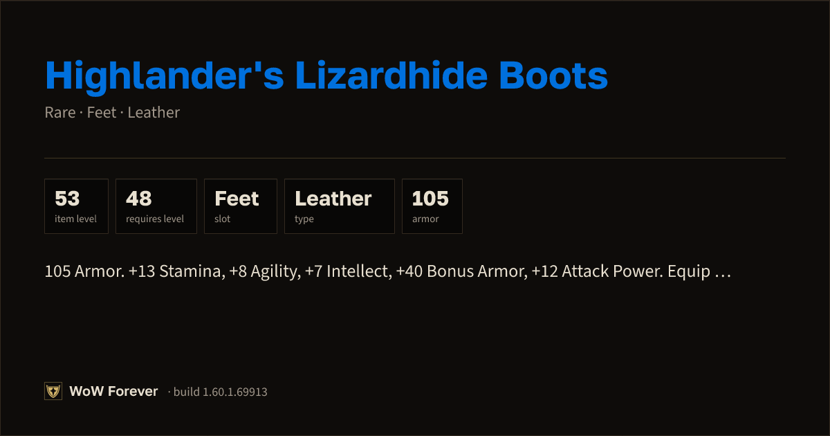 The preview card for Highlander's Lizardhide Boots (Item level 53)