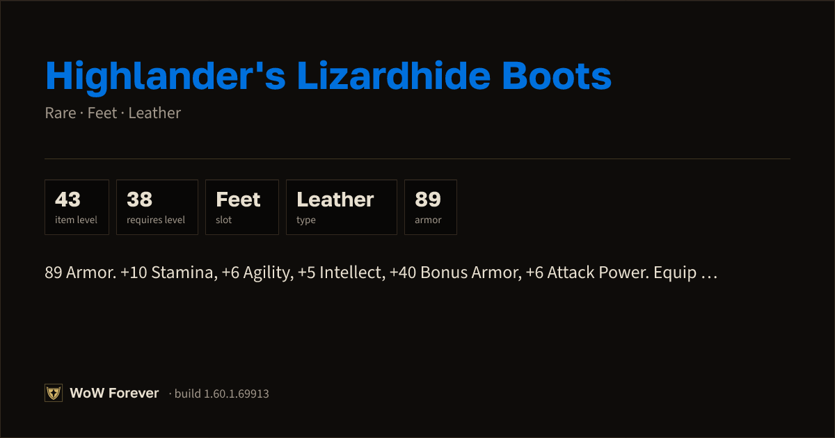 The preview card for Highlander's Lizardhide Boots (Item level 43)