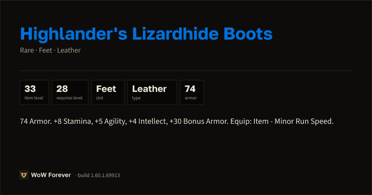 The preview card for Highlander's Lizardhide Boots (Item level 33)