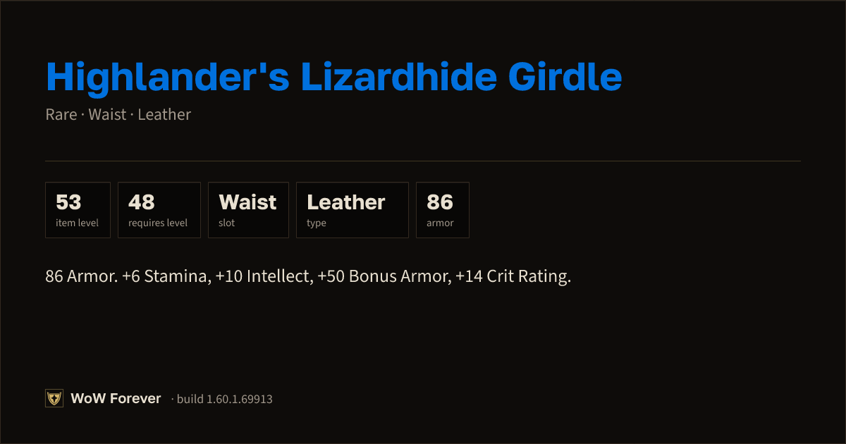 The preview card for Highlander's Lizardhide Girdle (Item level 53)