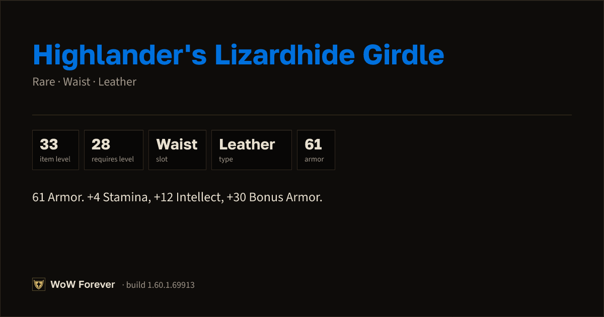 The preview card for Highlander's Lizardhide Girdle (Item level 33)