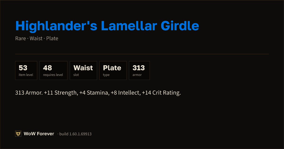 The preview card for Highlander's Lamellar Girdle (Item level 53)
