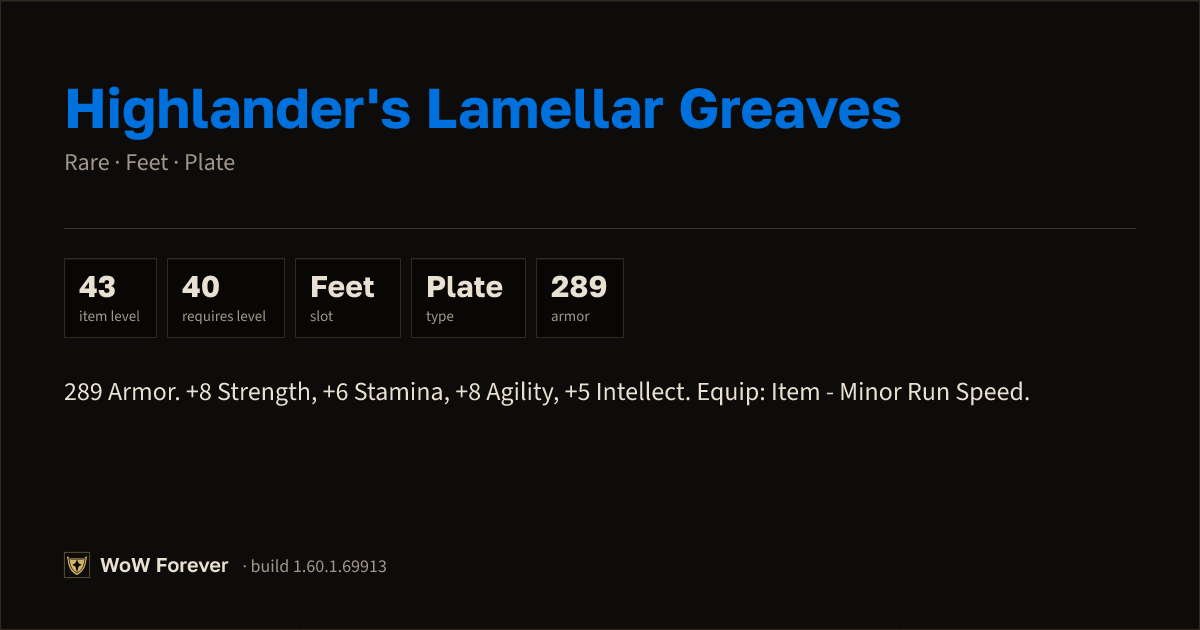 The preview card for Highlander's Lamellar Greaves (Item level 43)