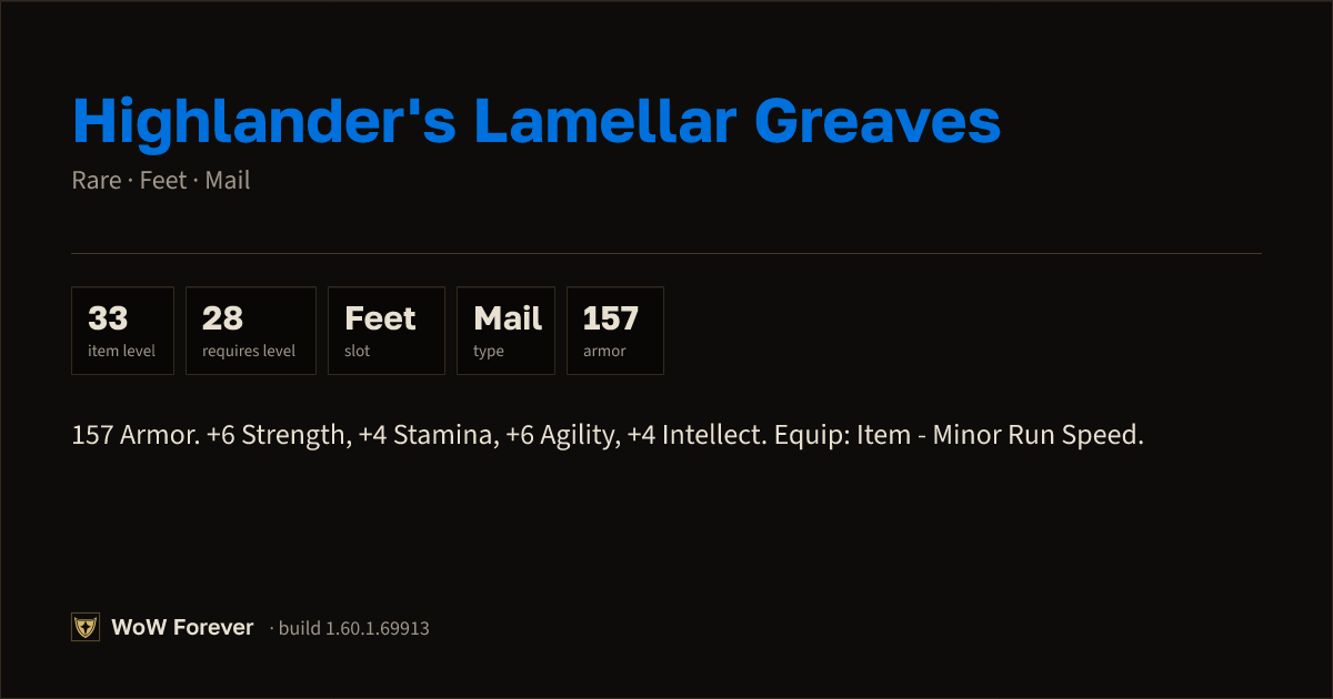 The preview card for Highlander's Lamellar Greaves - Rare Mail Feet