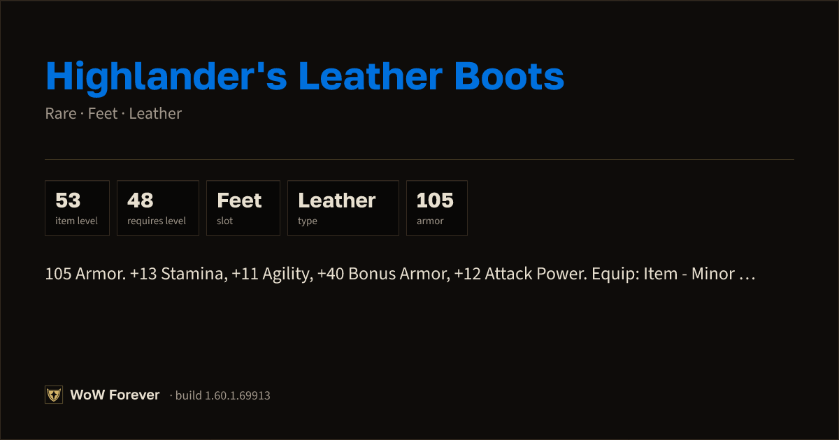 The preview card for Highlander's Leather Boots (Item level 53)