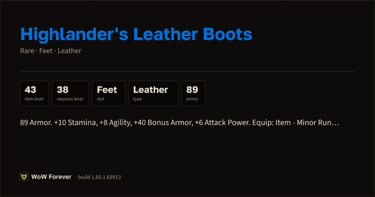 The preview card for Highlander's Leather Boots (Item level 43)