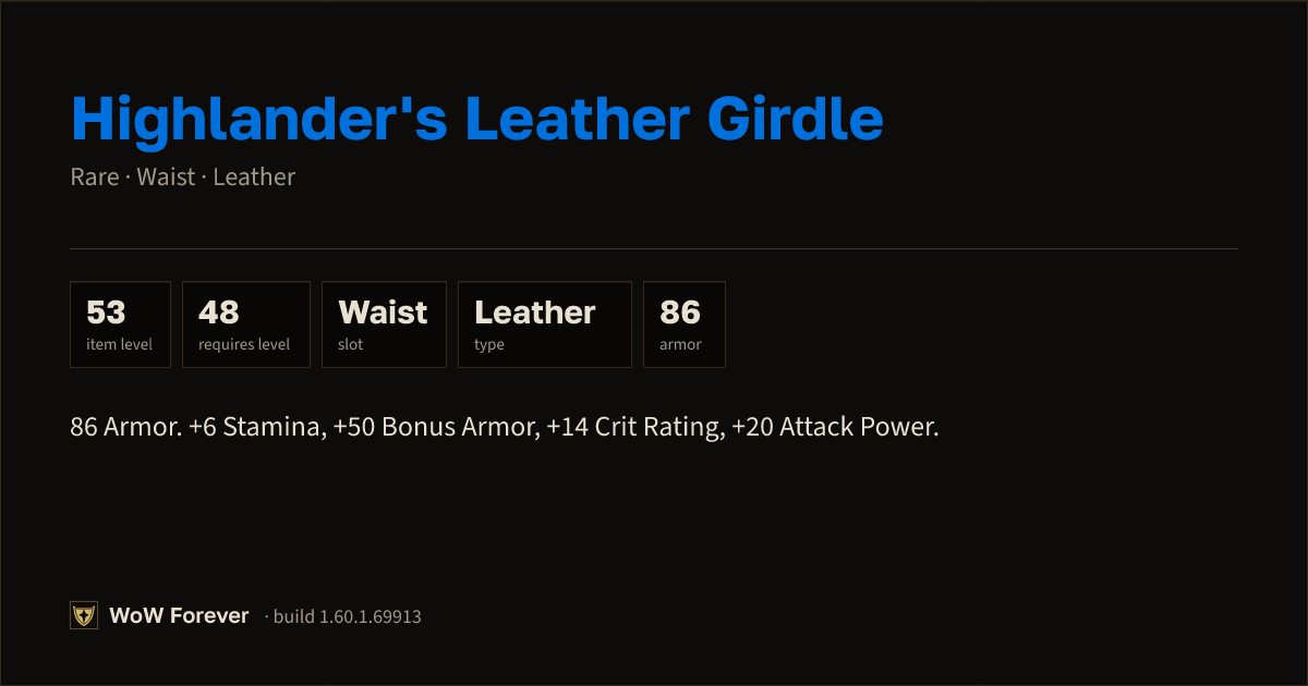 The preview card for Highlander's Leather Girdle (Item level 53)