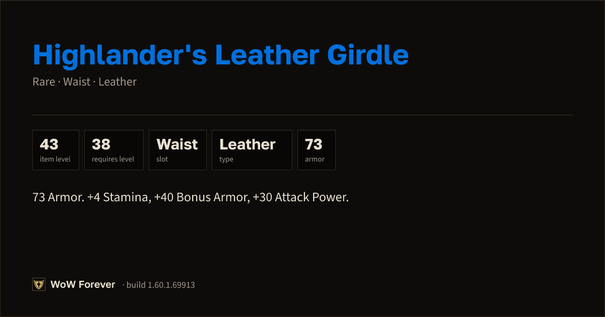 The preview card for Highlander's Leather Girdle (Item level 43)