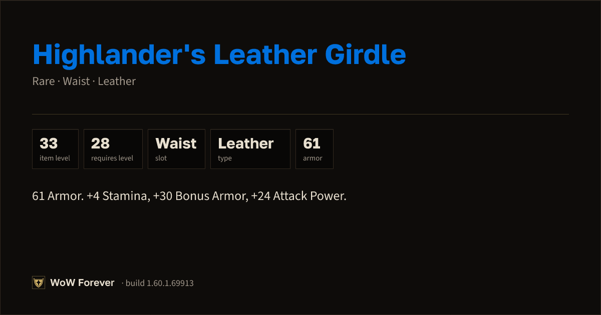 The preview card for Highlander's Leather Girdle (Item level 33)