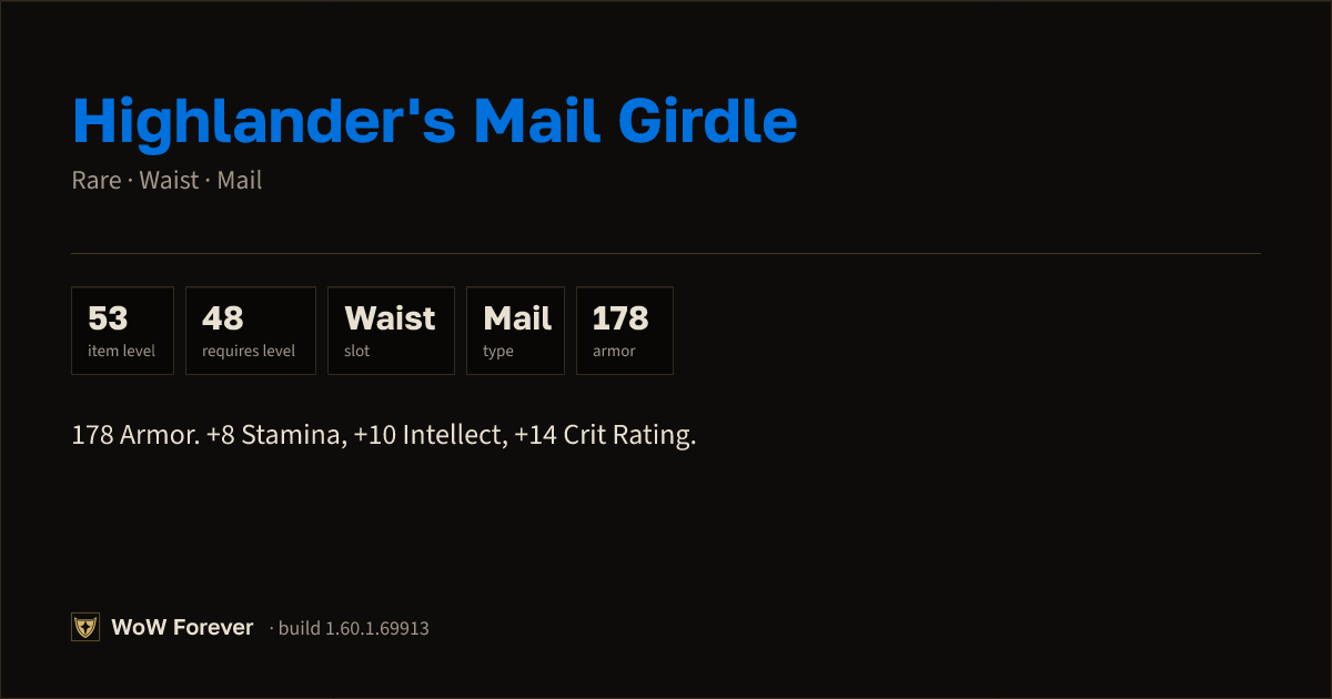 The preview card for Highlander's Mail Girdle (Item level 53)