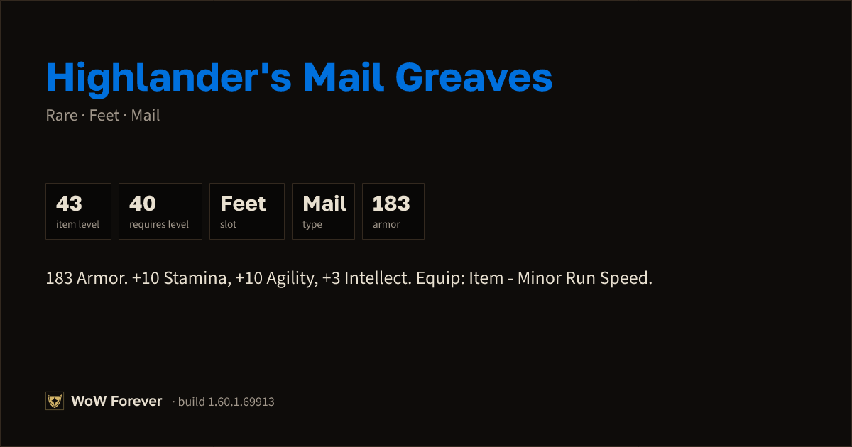 The preview card for Highlander's Mail Greaves (Item level 43)