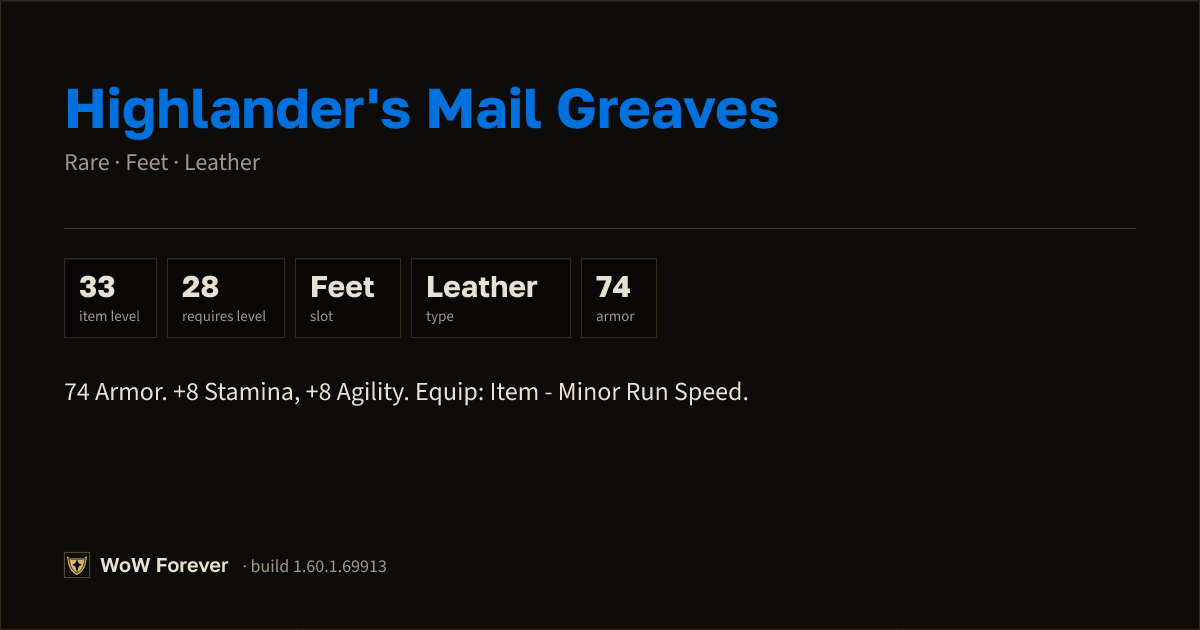 The preview card for Highlander's Mail Greaves - Rare Leather Feet