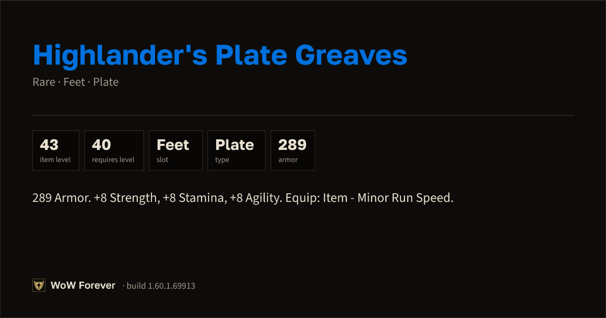 The preview card for Highlander's Plate Greaves (Item level 43)