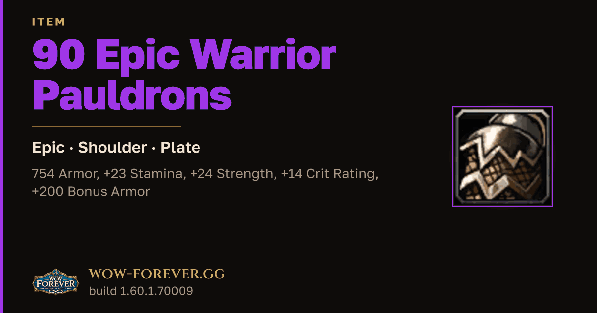 The preview card for 90 Epic Warrior Pauldrons - Epic Plate Shoulder