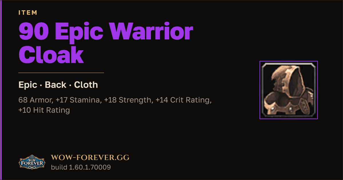 The preview card for 90 Epic Warrior Cloak - Epic Cloak, Item Level 90