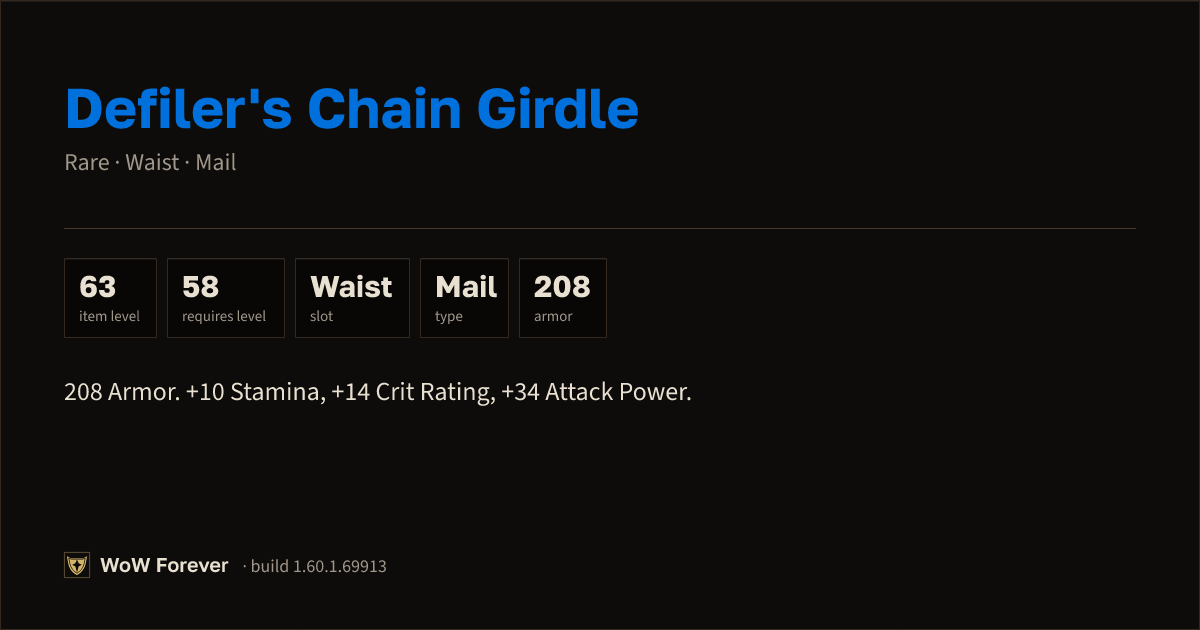 The preview card for Defiler's Chain Girdle (Item level 63)