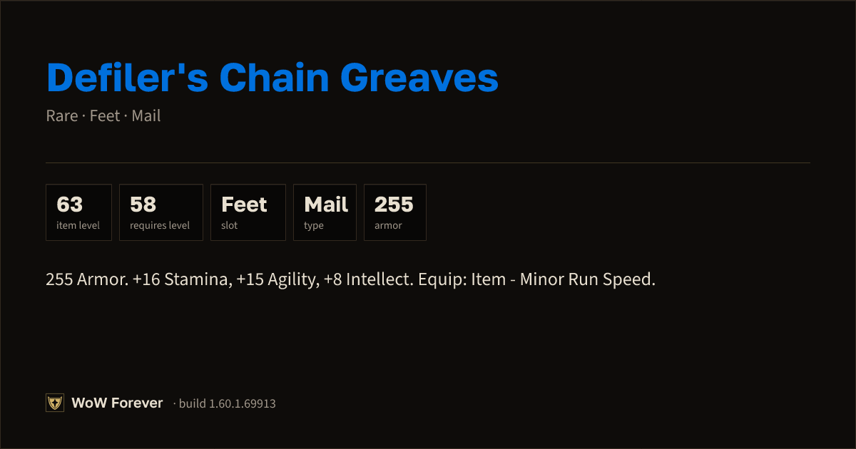 The preview card for Defiler's Chain Greaves (Item level 63)