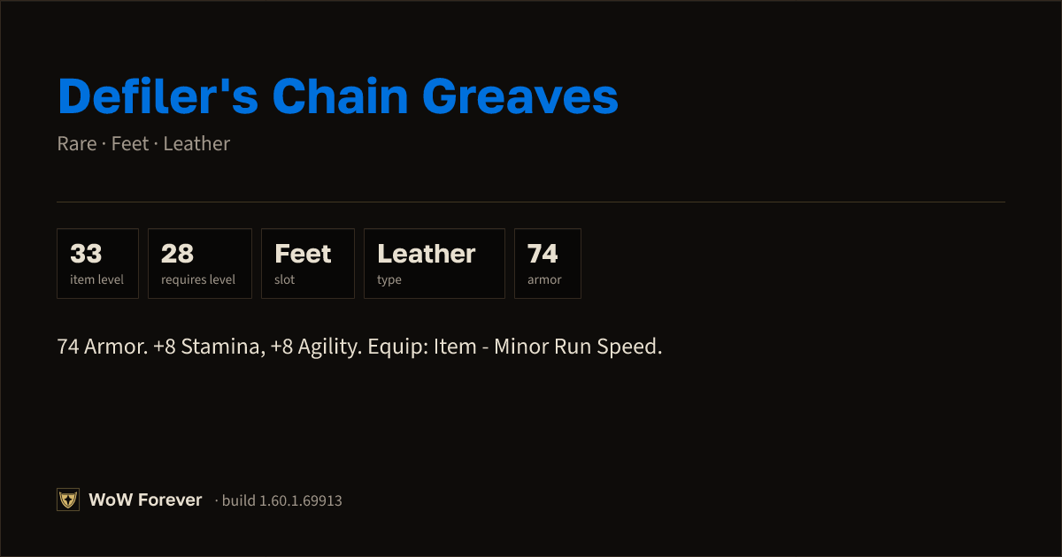 The preview card for Defiler's Chain Greaves - Rare Leather Feet