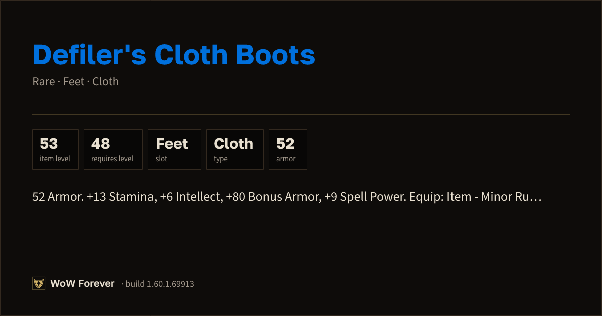 The preview card for Defiler's Cloth Boots (Item level 53)
