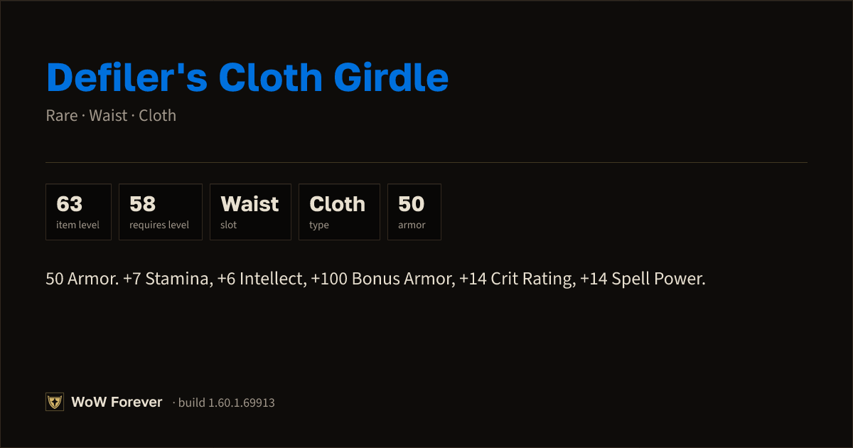 The preview card for Defiler's Cloth Girdle (Item level 63)