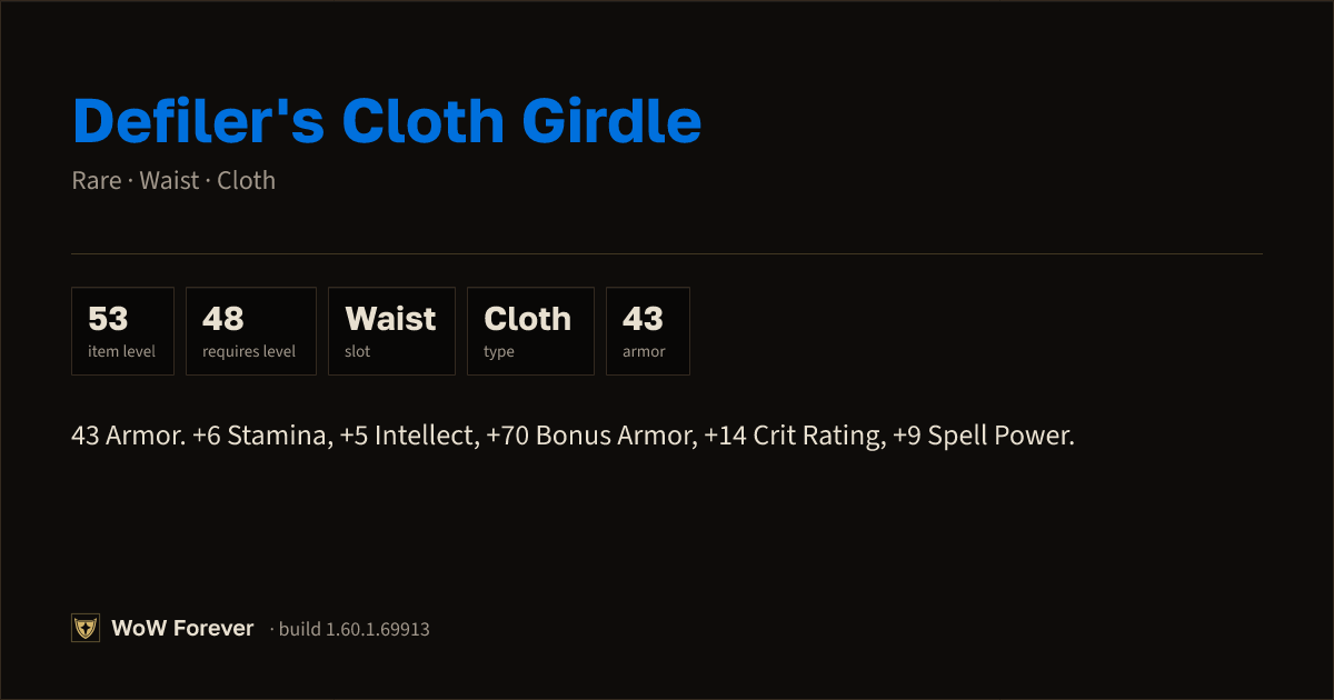 The preview card for Defiler's Cloth Girdle (Item level 53)