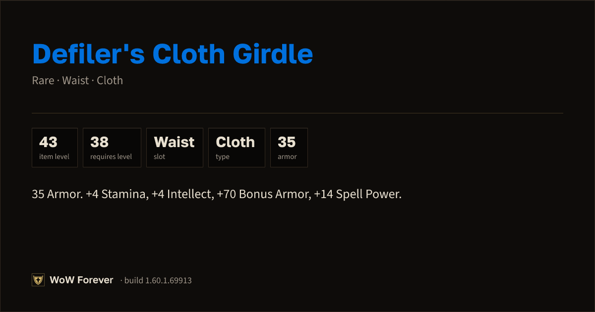 The preview card for Defiler's Cloth Girdle (Item level 43)