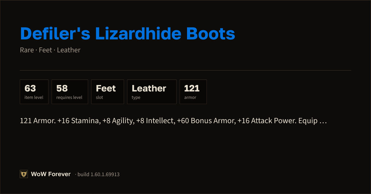The preview card for Defiler's Lizardhide Boots (Item level 63)