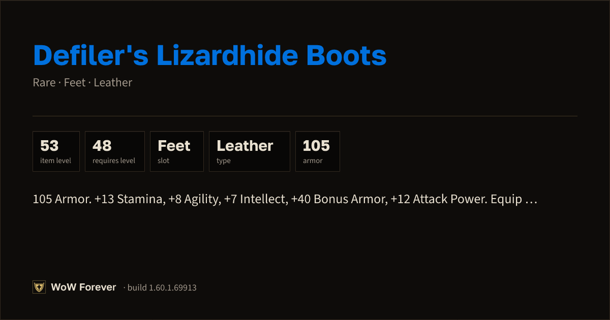 The preview card for Defiler's Lizardhide Boots (Item level 53)