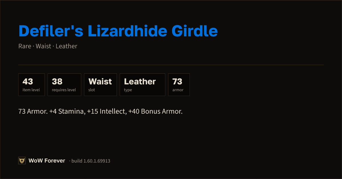 The preview card for Defiler's Lizardhide Girdle (Item level 43)