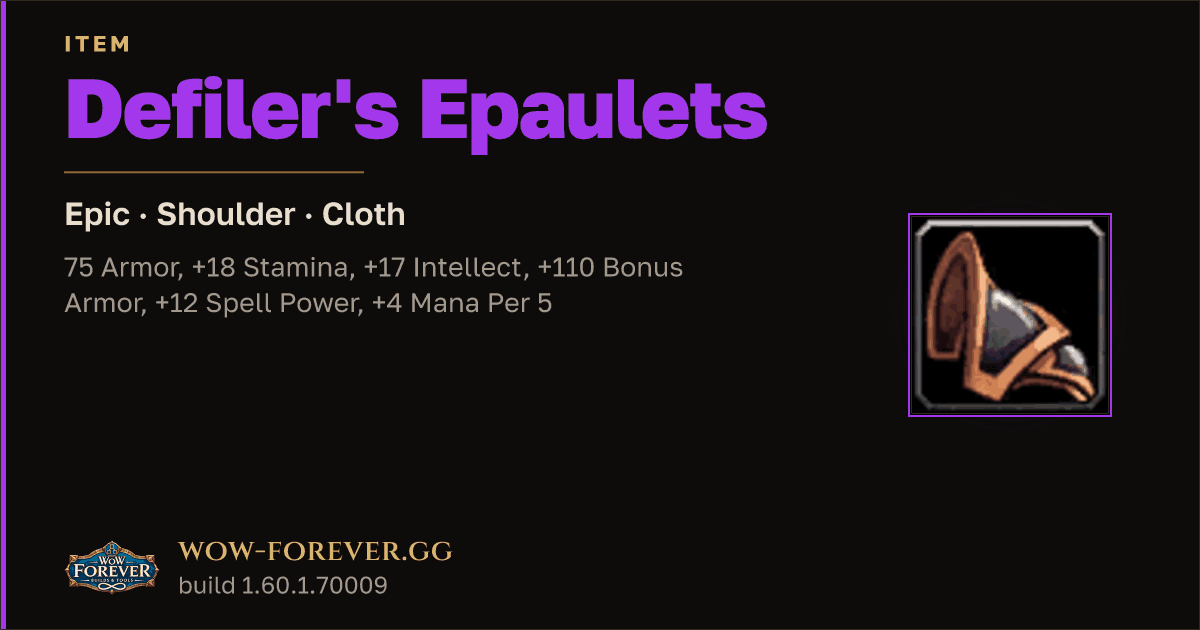 The preview card for Defiler's Epaulets - Epic Cloth Shoulder