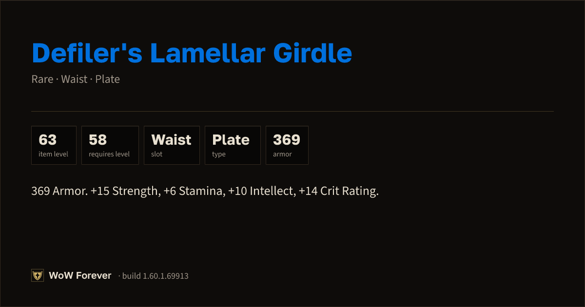 The preview card for Defiler's Lamellar Girdle (Item level 63)