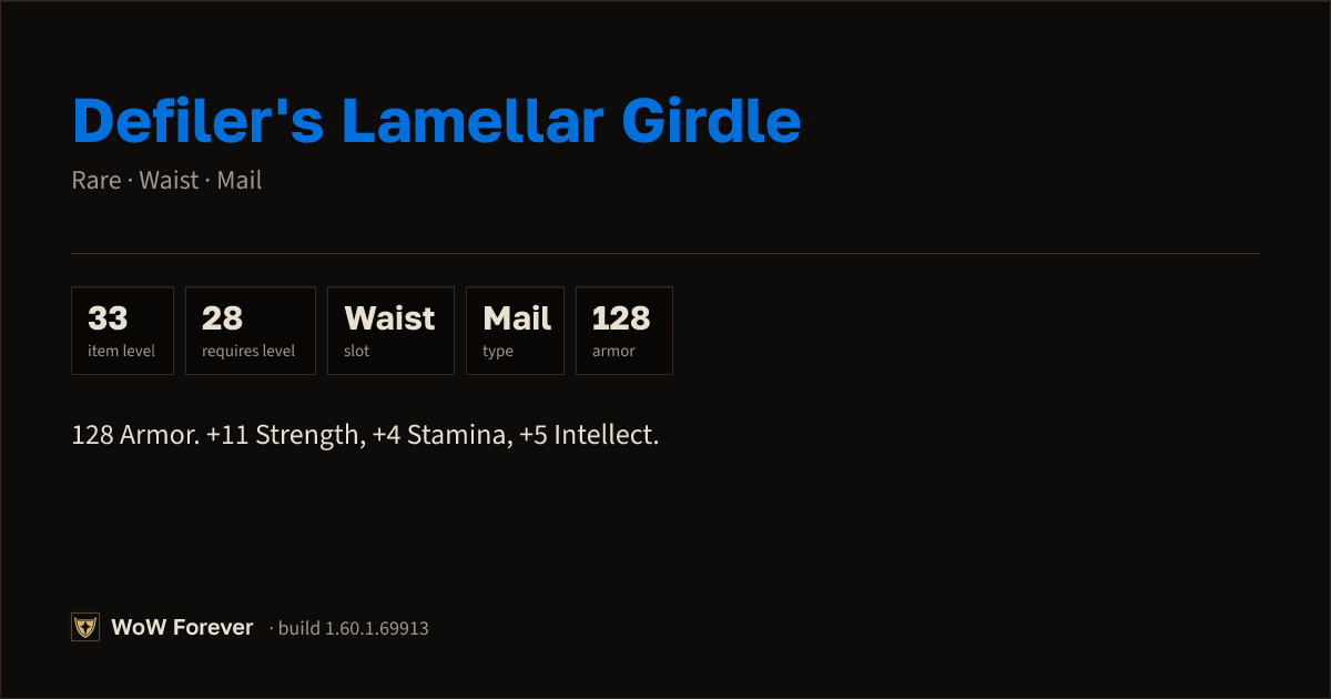 The preview card for Defiler's Lamellar Girdle - Rare Mail Waist