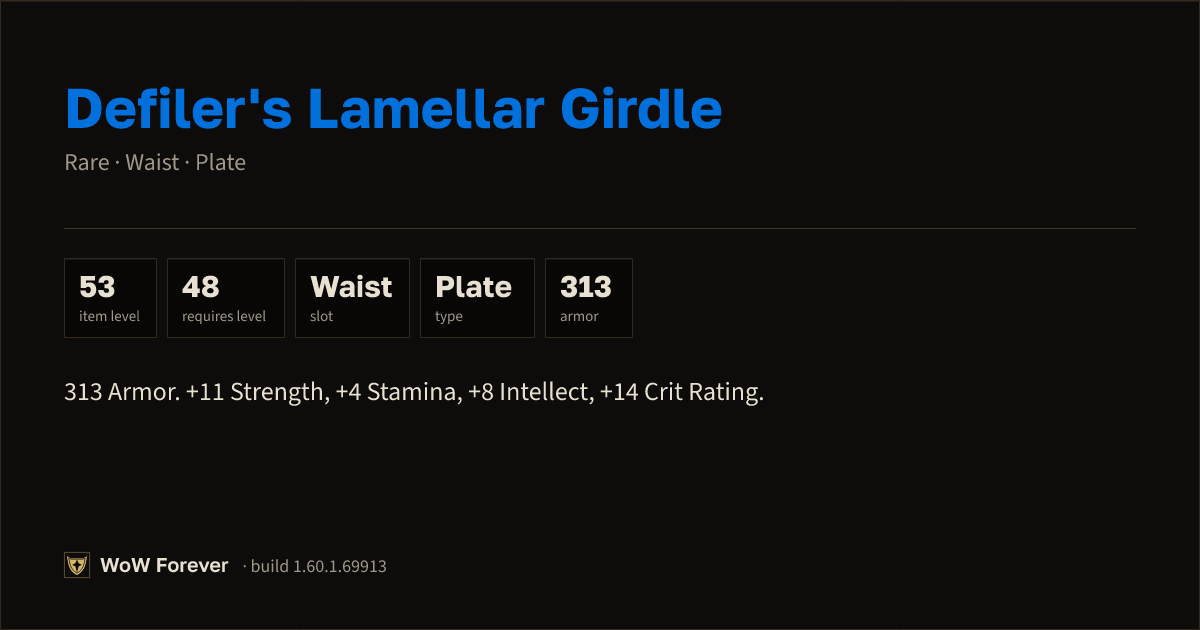 The preview card for Defiler's Lamellar Girdle (Item level 53)