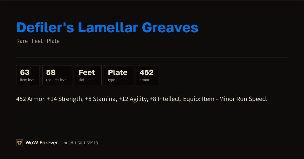 The preview card for Defiler's Lamellar Greaves (Item level 63)