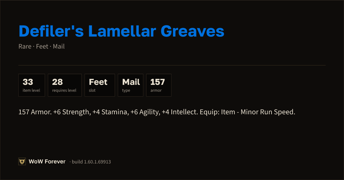 The preview card for Defiler's Lamellar Greaves - Rare Mail Feet