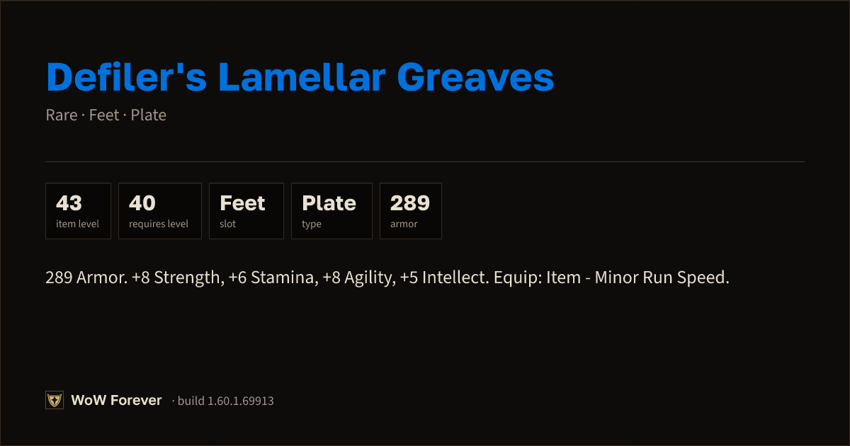 The preview card for Defiler's Lamellar Greaves (Item level 43)