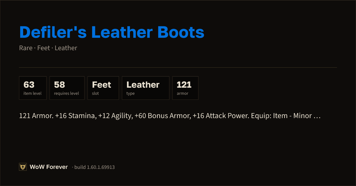 The preview card for Defiler's Leather Boots (Item level 63)