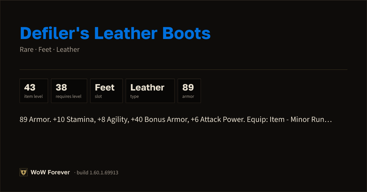 The preview card for Defiler's Leather Boots (Item level 43)