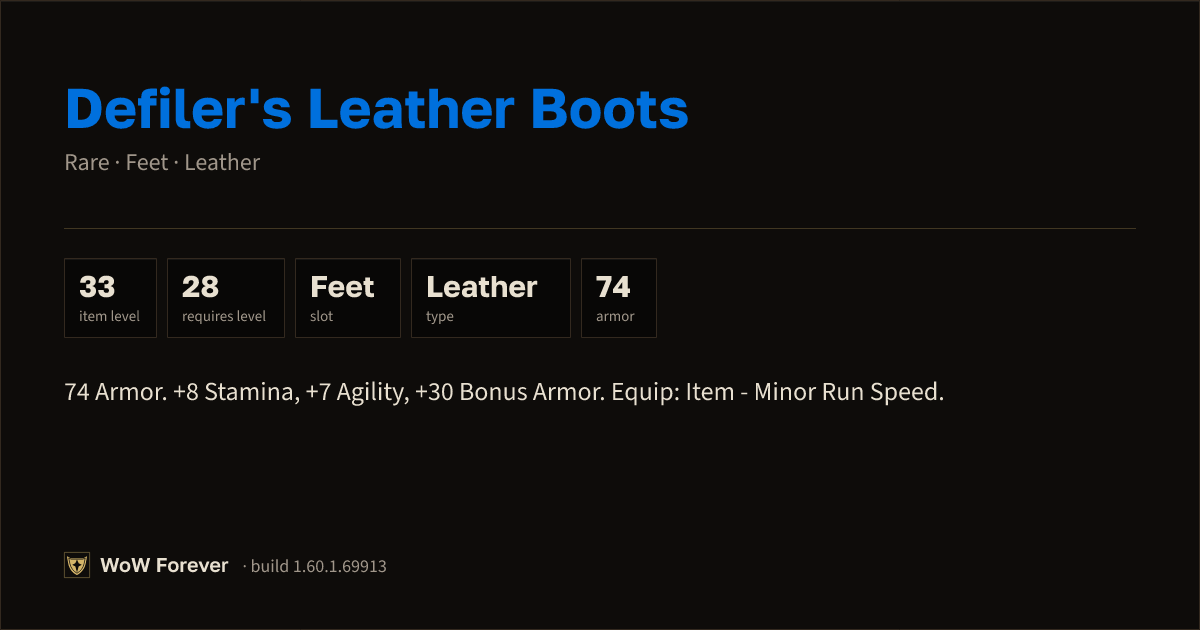 The preview card for Defiler's Leather Boots (Item level 33)