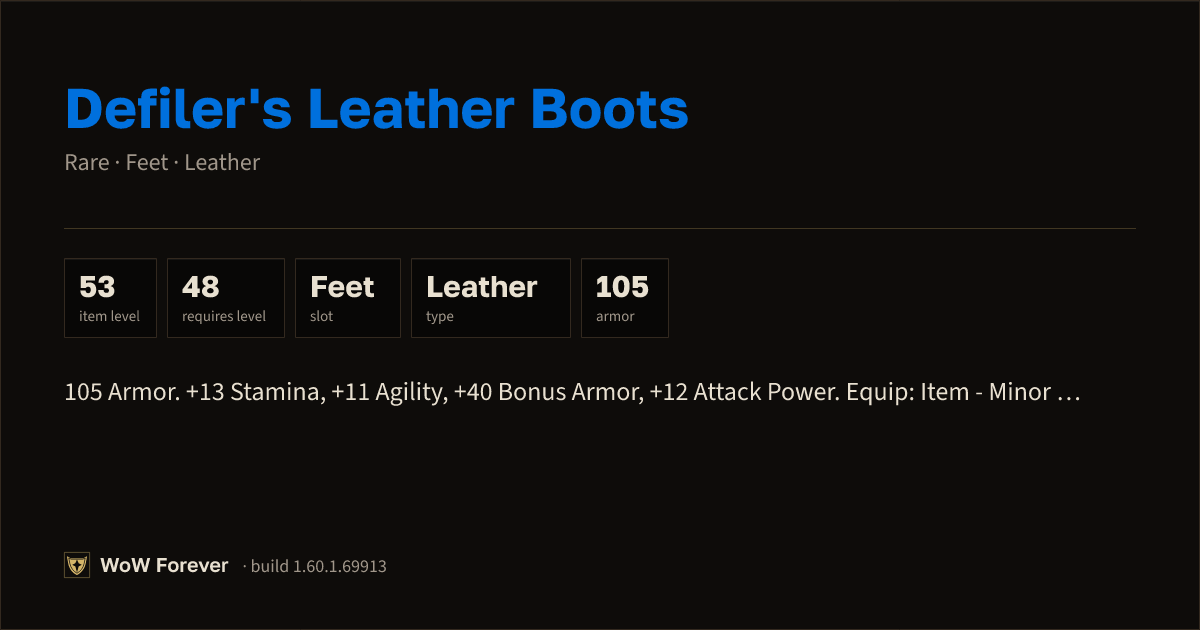 The preview card for Defiler's Leather Boots (Item level 53)